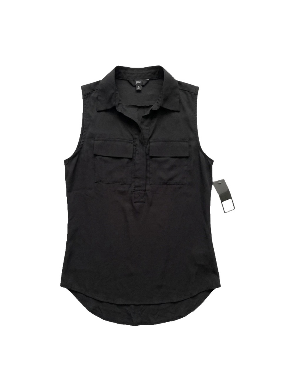 GNW Black Sleeveless Collared Utility Top